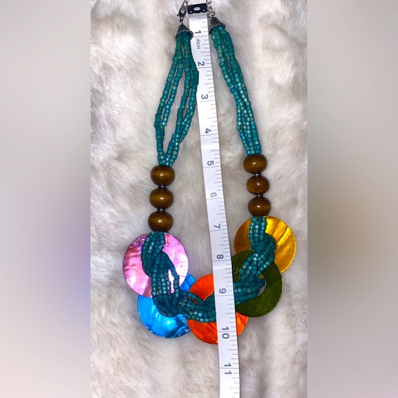 🌺🌸🌼Collar Necklace & Clip Blue Twisted Wood Bead Abalone Disc - Picture 4 of 6